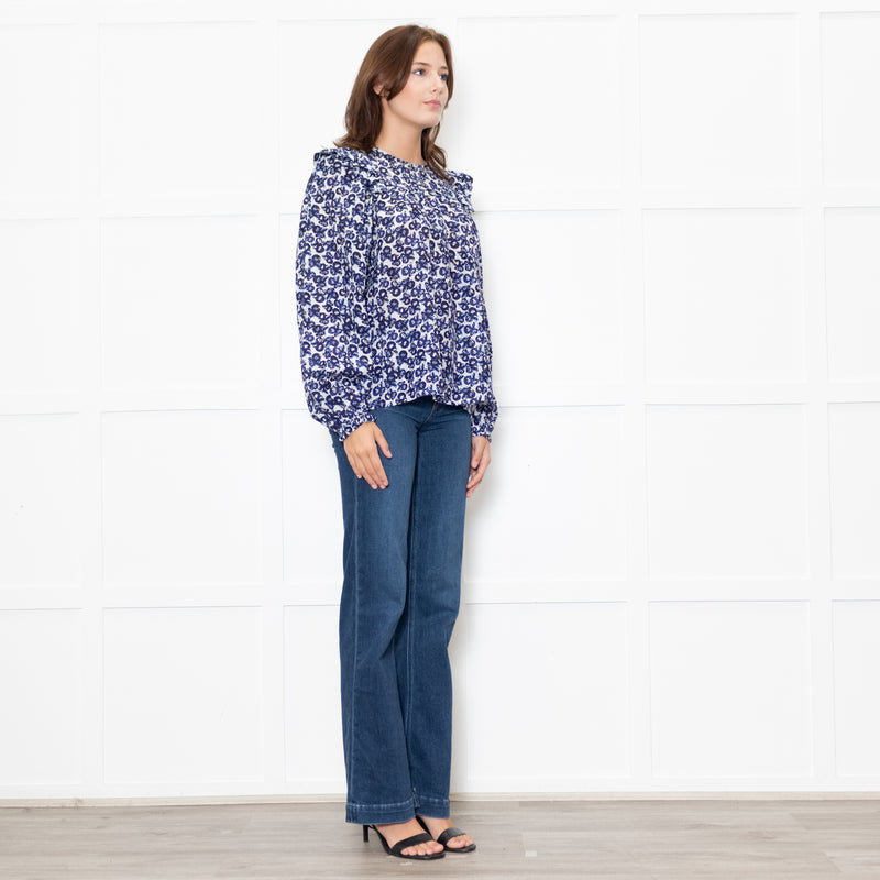 Munthe White Blue Silk Blend Top