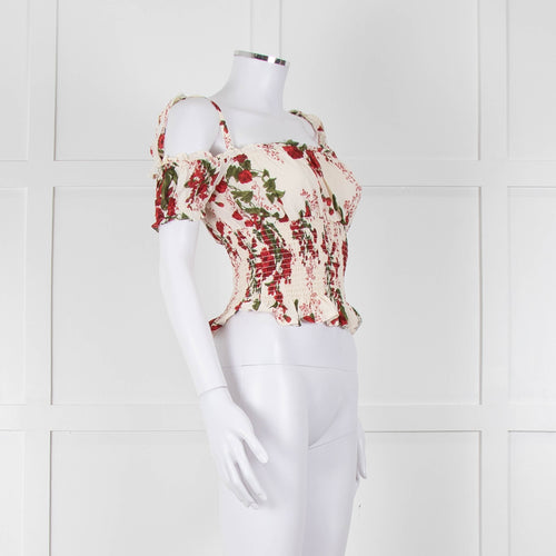 Reformation Cream Red Floral Cropped Elasticated Waist Top