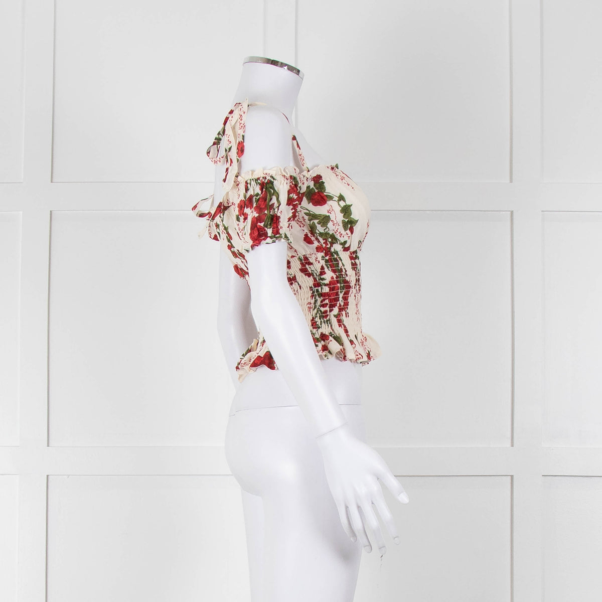 Reformation Cream Red Floral Cropped Elasticated Waist Top