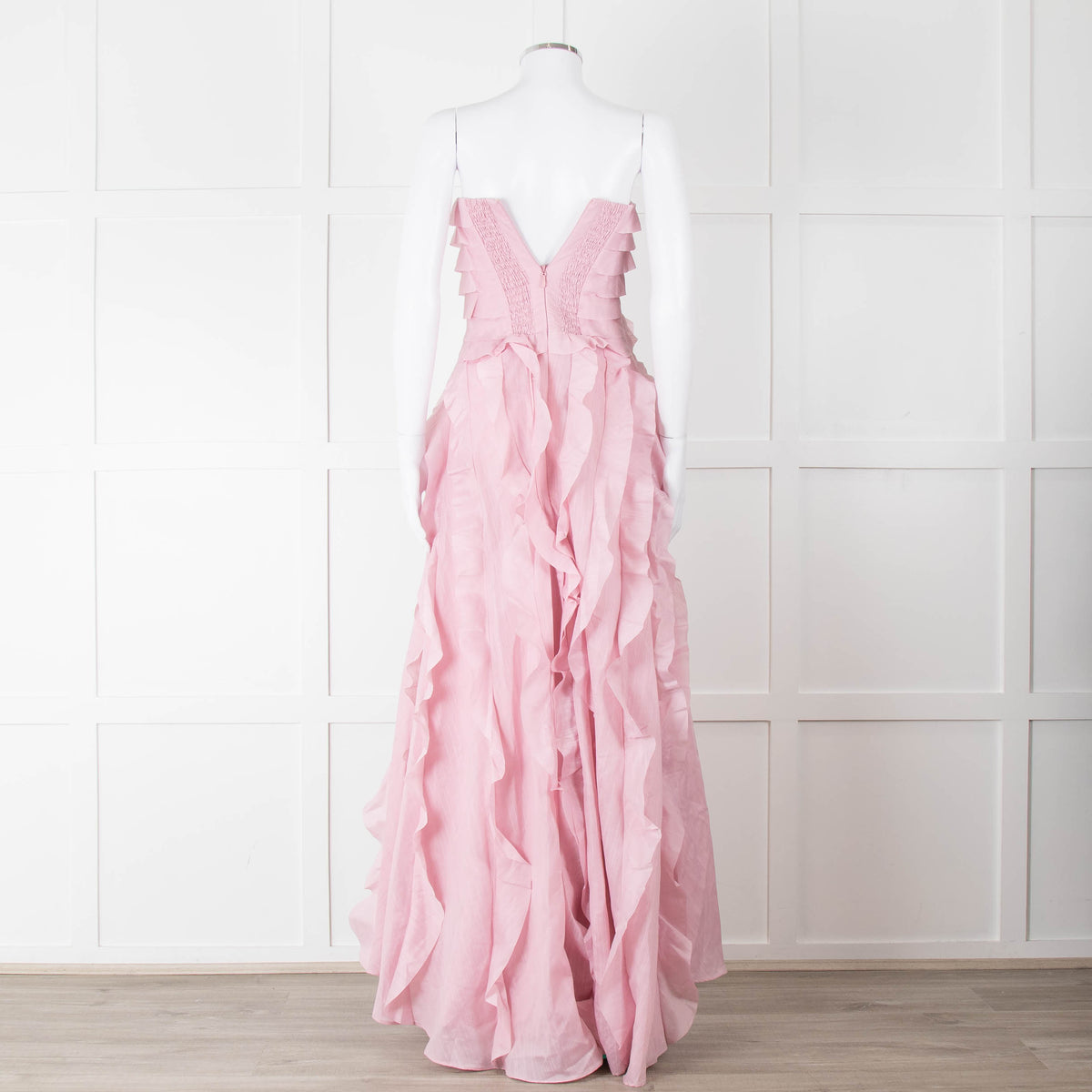 Aje Pale Pink Strapless Frill Maxi Dress