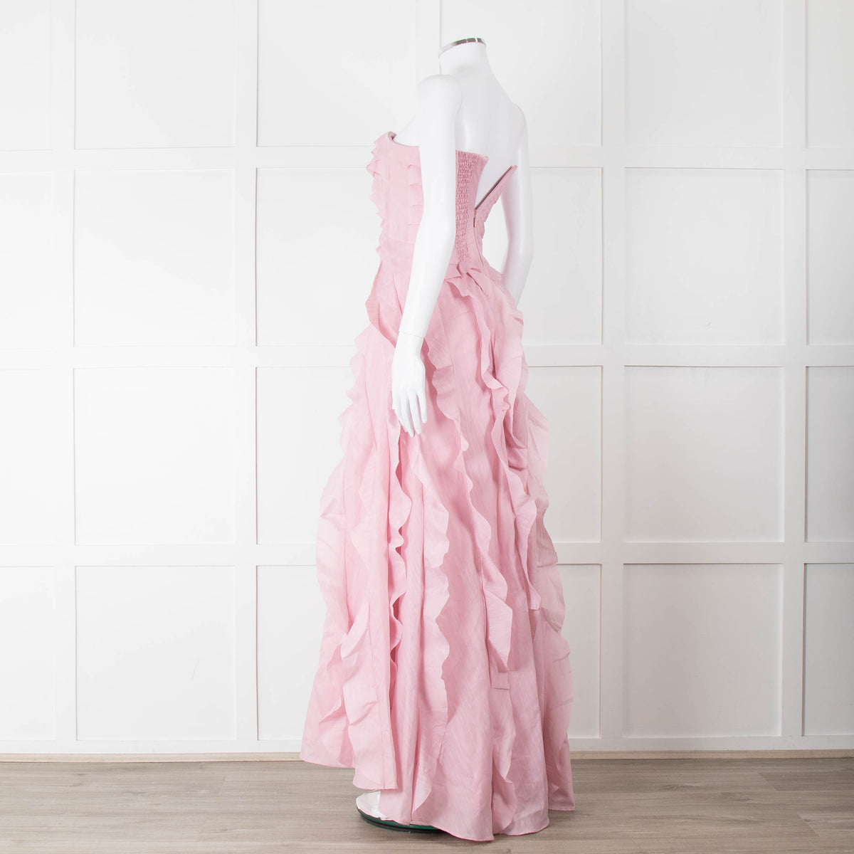 Aje Pale Pink Strapless Frill Maxi Dress