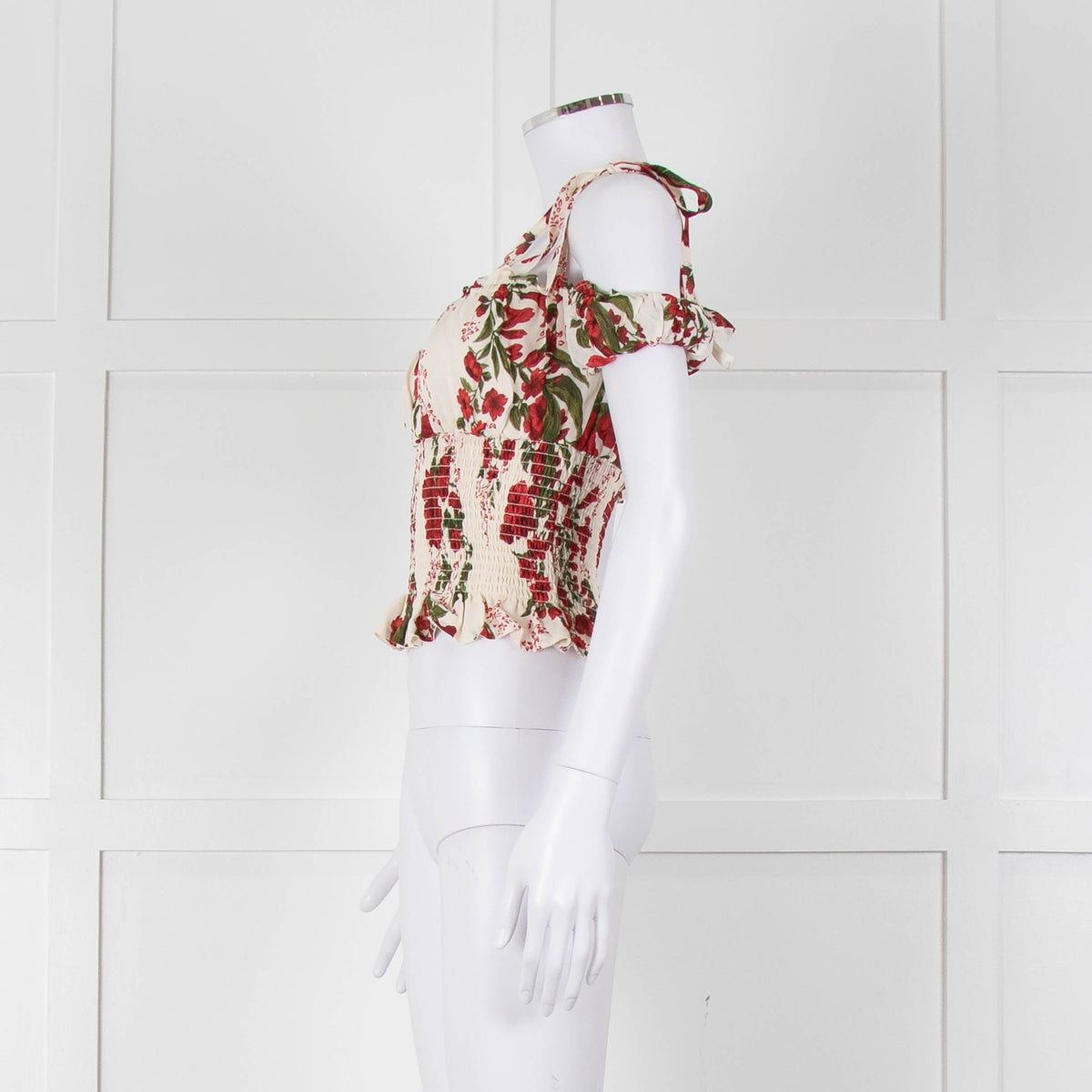 Reformation Cream Red Floral Cropped Elasticated Waist Top