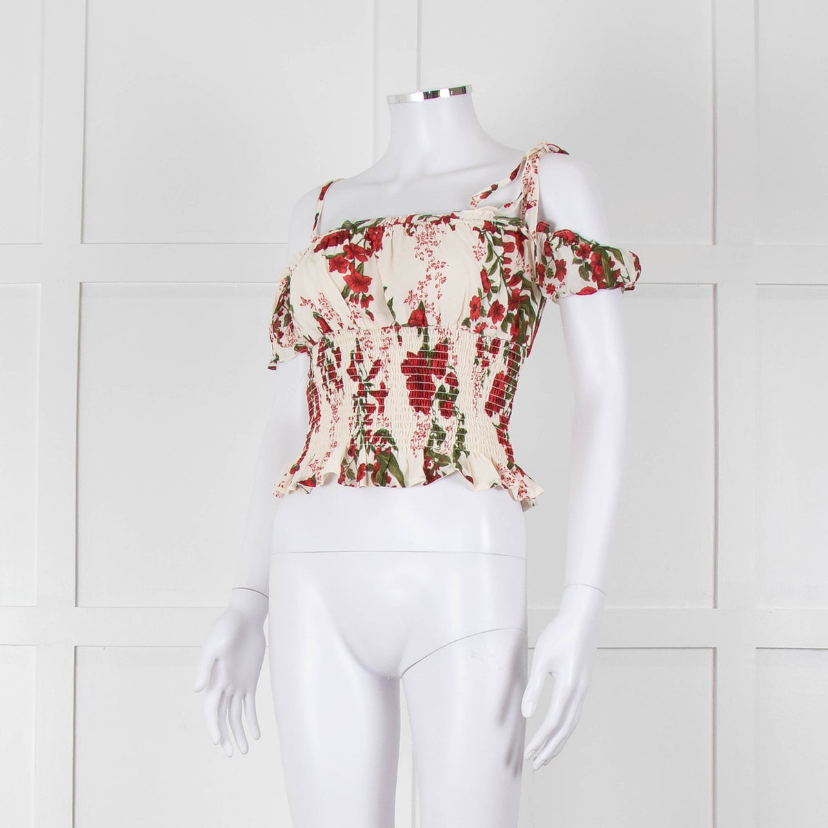 Reformation Cream Red Floral Cropped Elasticated Waist Top