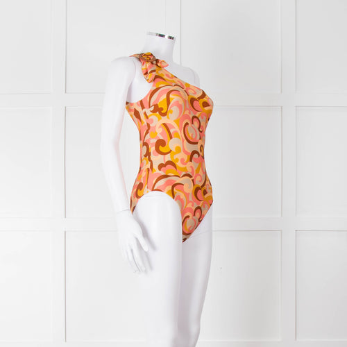 Zimmermann Orange Patterned One Shoulder Swimsuit