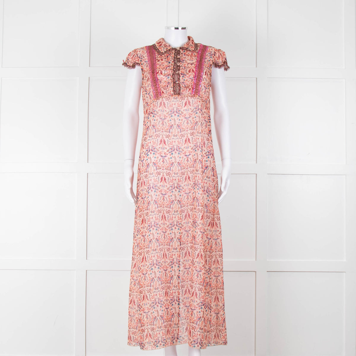 Anna Sui Peach Red Bird Print Sheer Dress