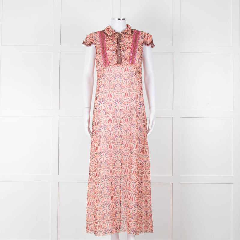Anna Sui Peach Red Bird Print Sheer Dress