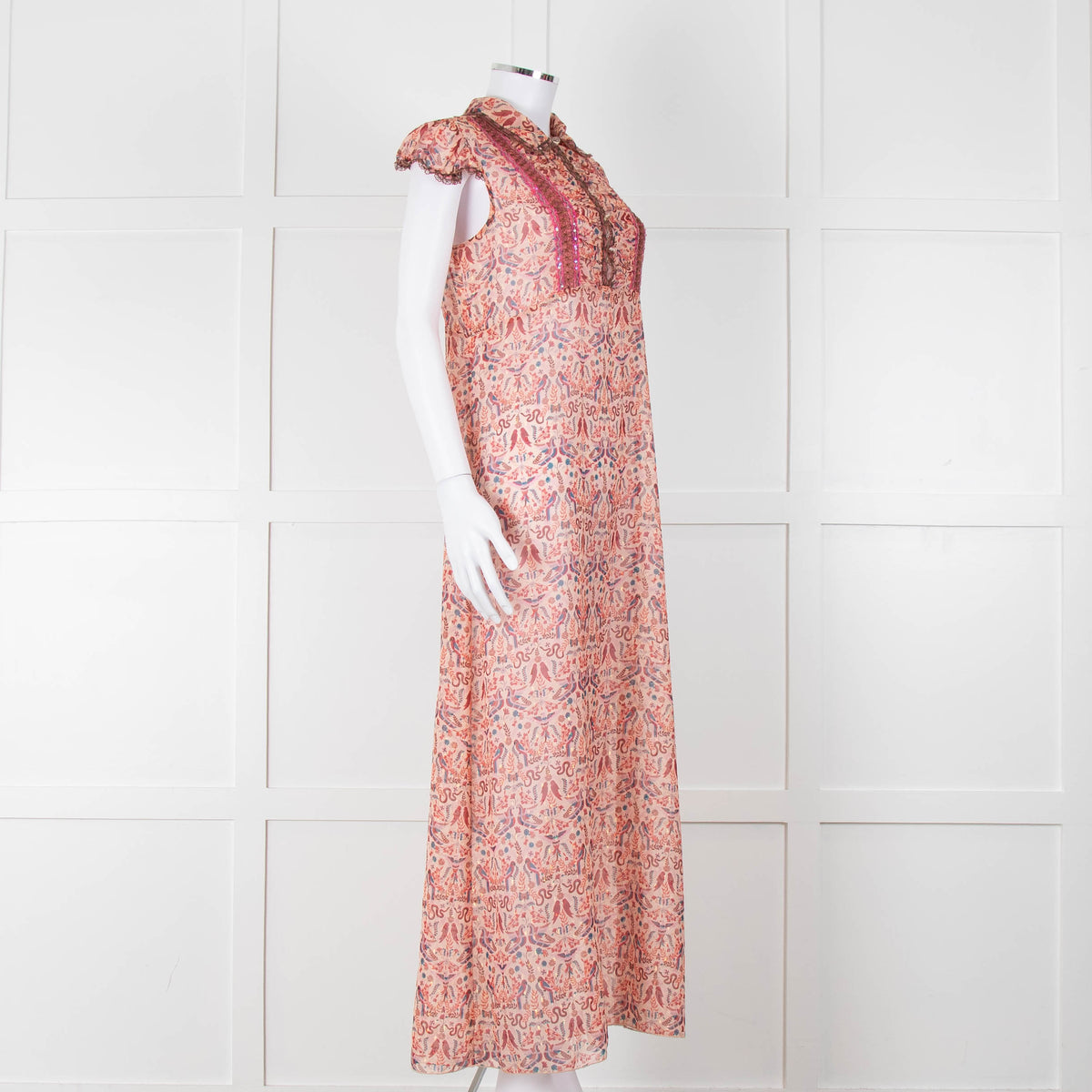 Anna Sui Peach Red Bird Print Sheer Dress
