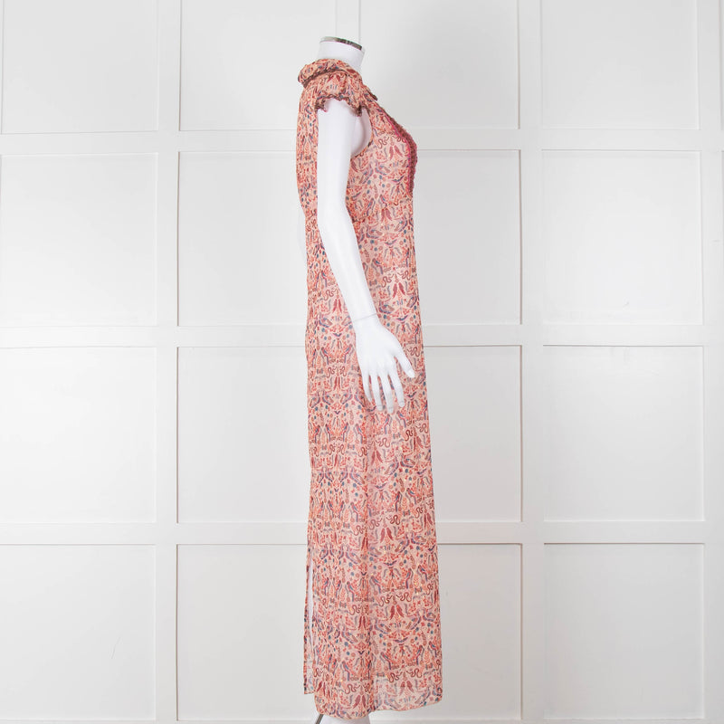 Anna Sui Peach Red Bird Print Sheer Dress
