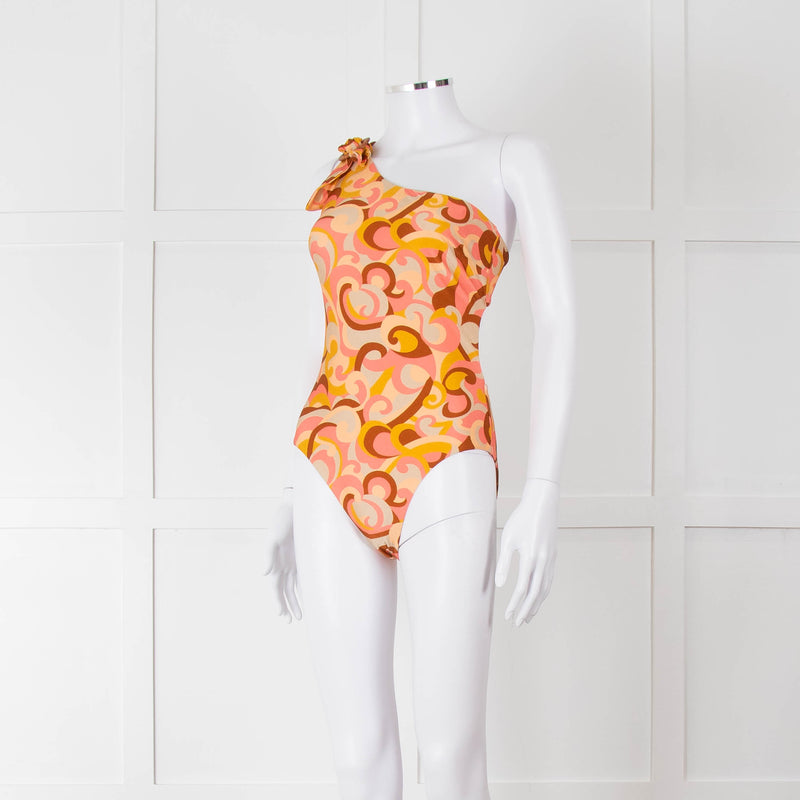Zimmermann Orange Patterned One Shoulder Swimsuit
