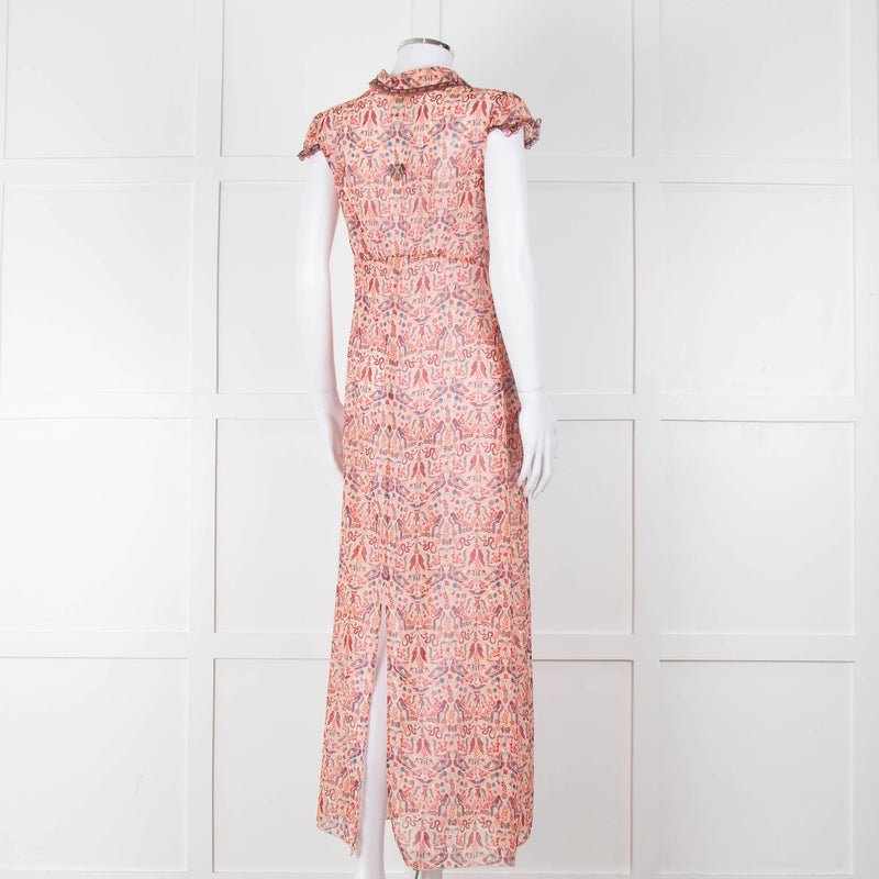 Anna Sui Peach Red Bird Print Sheer Dress