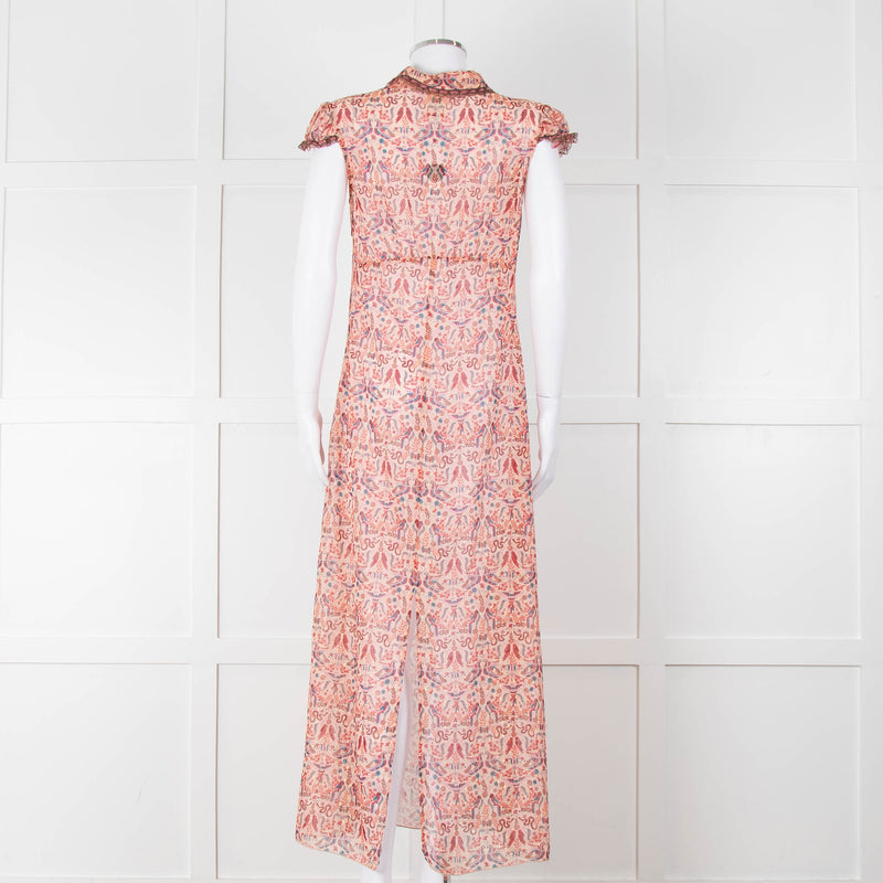 Anna Sui Peach Red Bird Print Sheer Dress