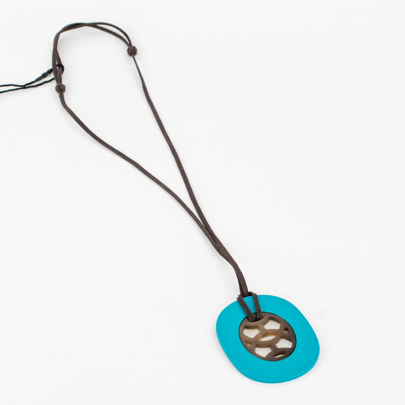 Hermes Lift Blue Lacquered Wood and Horn Necklace with Cotton Strap