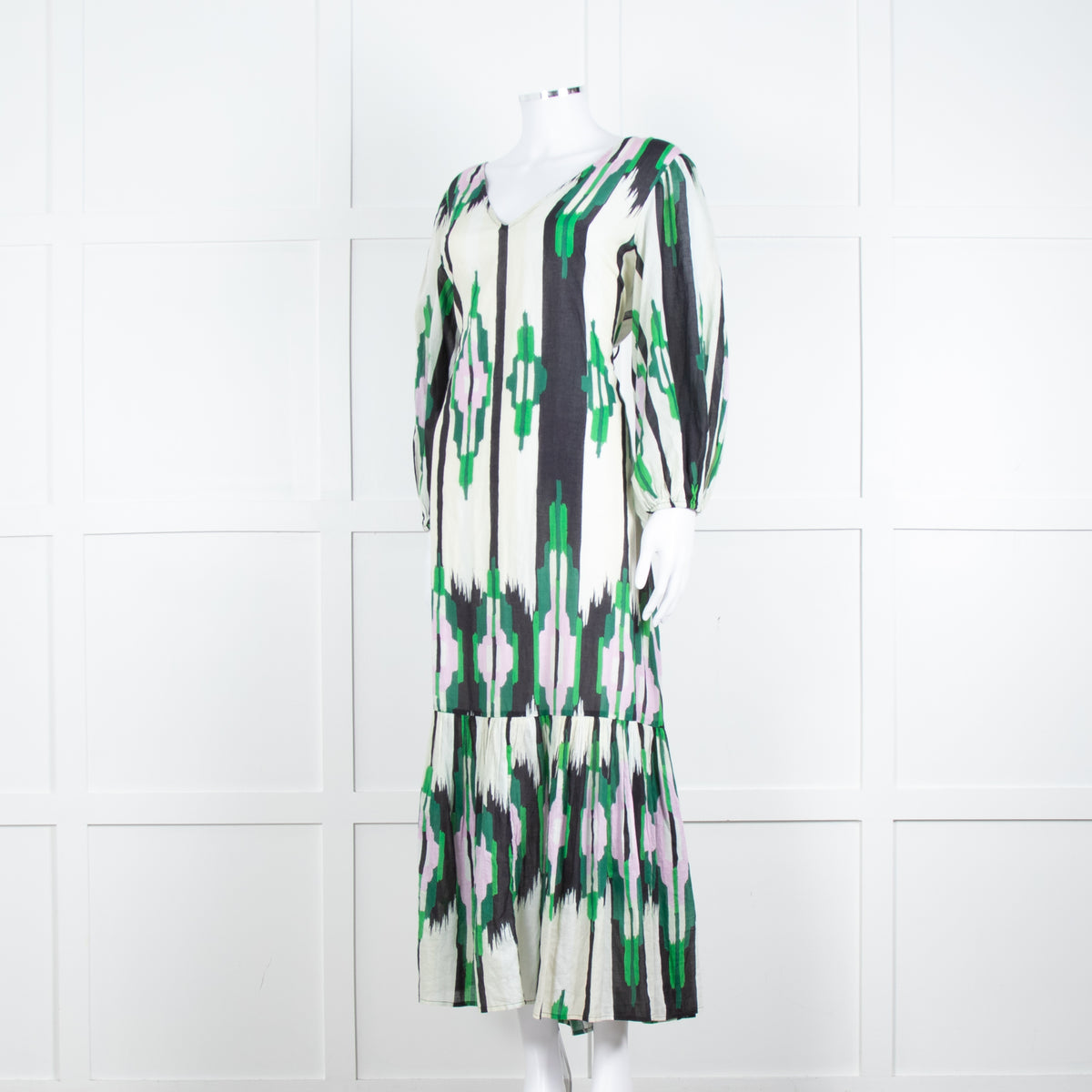 Stella Forest Cream Green Pink Cotton Back Lace Up Detail Maxi Dress