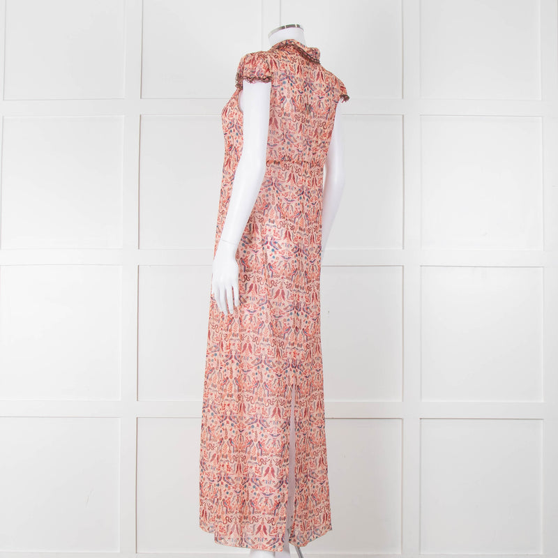 Anna Sui Peach Red Bird Print Sheer Dress
