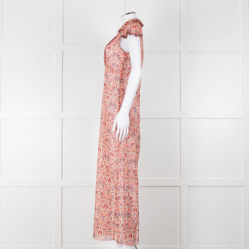 Anna Sui Peach Red Bird Print Sheer Dress