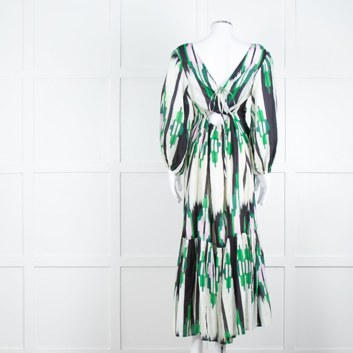 Stella Forest Cream Green Pink Cotton Back Lace Up Detail Maxi Dress