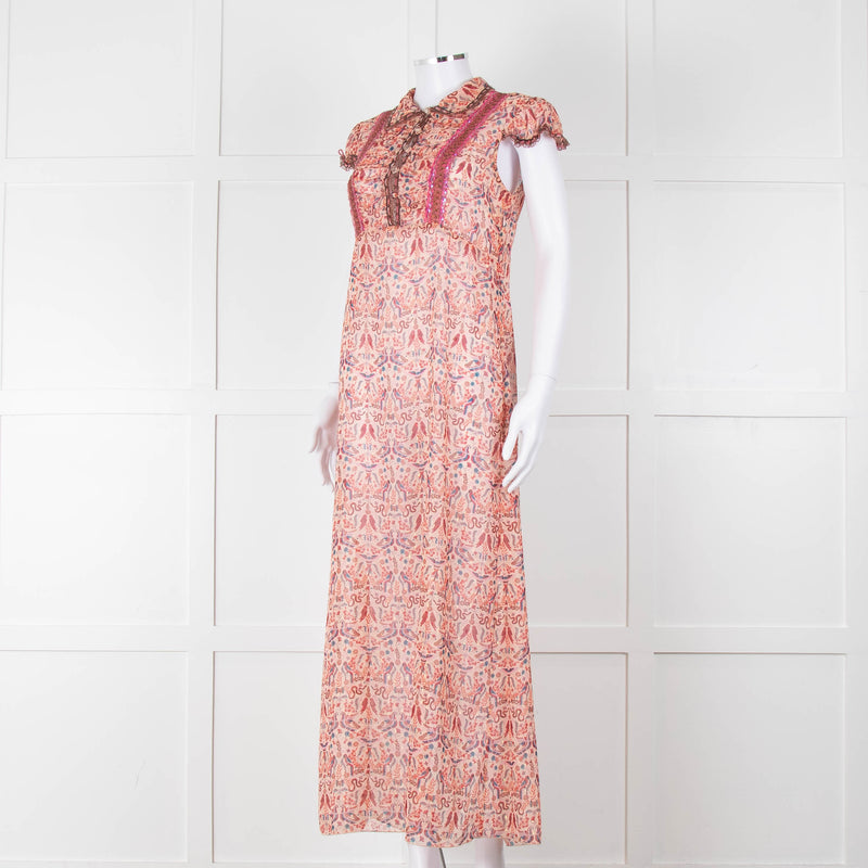 Anna Sui Peach Red Bird Print Sheer Dress
