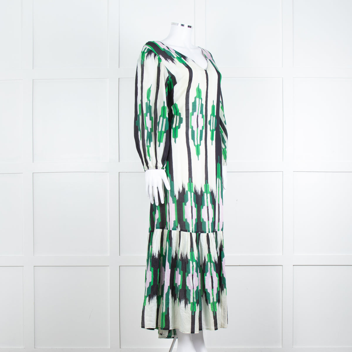Stella Forest Cream Green Pink Cotton Back Lace Up Detail Maxi Dress