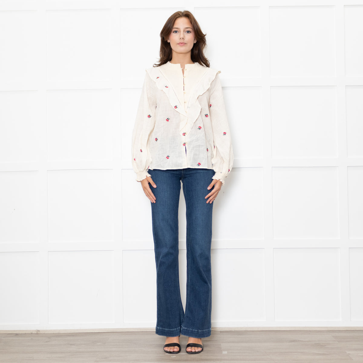 Atelier Reve Cream Olivia Shirt With Red Floral Embroidery