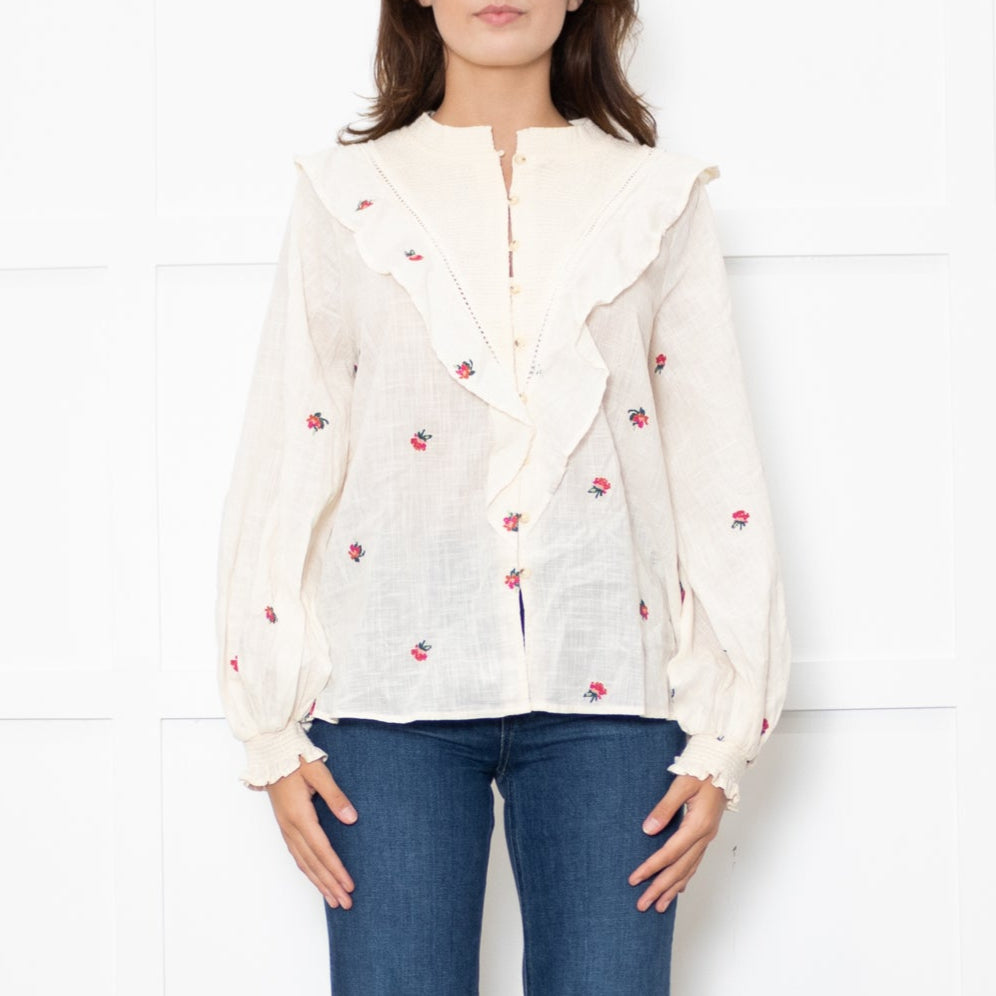 Atelier Reve Cream Olivia Shirt With Red Floral Embroidery