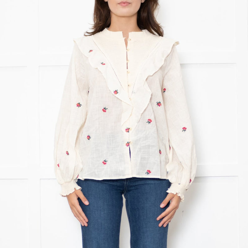 Atelier Reve Cream Olivia Shirt With Red Floral Embroidery