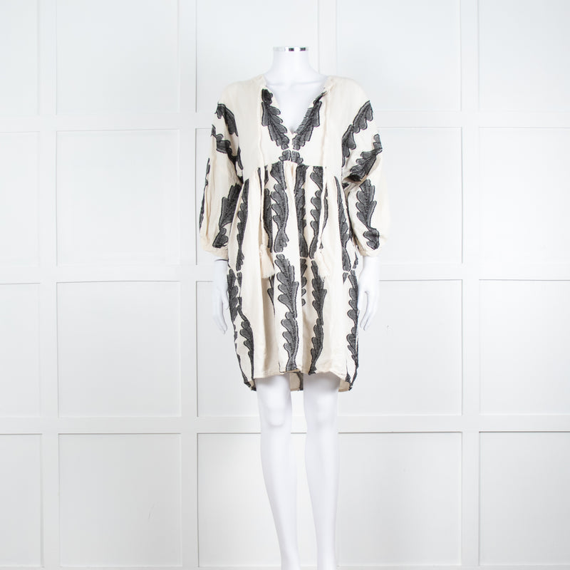 Pearl & Caviar Cream Black Cotton Long Sleeve Short Dress