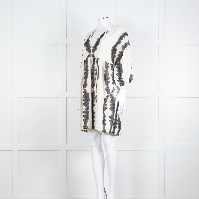 Pearl & Caviar Cream Black Cotton Long Sleeve Short Dress
