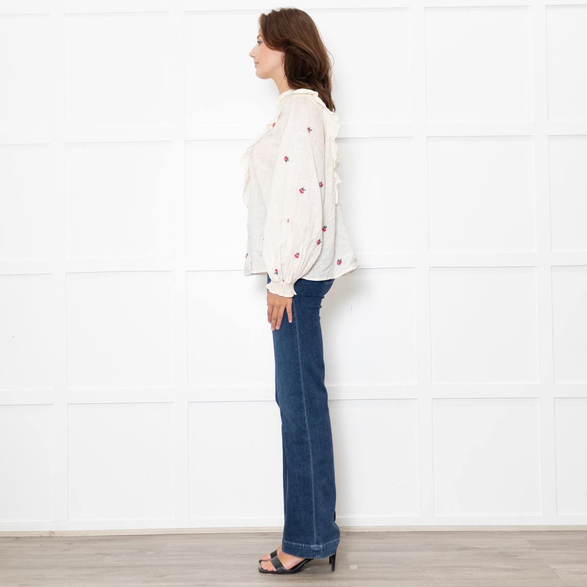 Atelier Reve Cream Olivia Shirt With Red Floral Embroidery