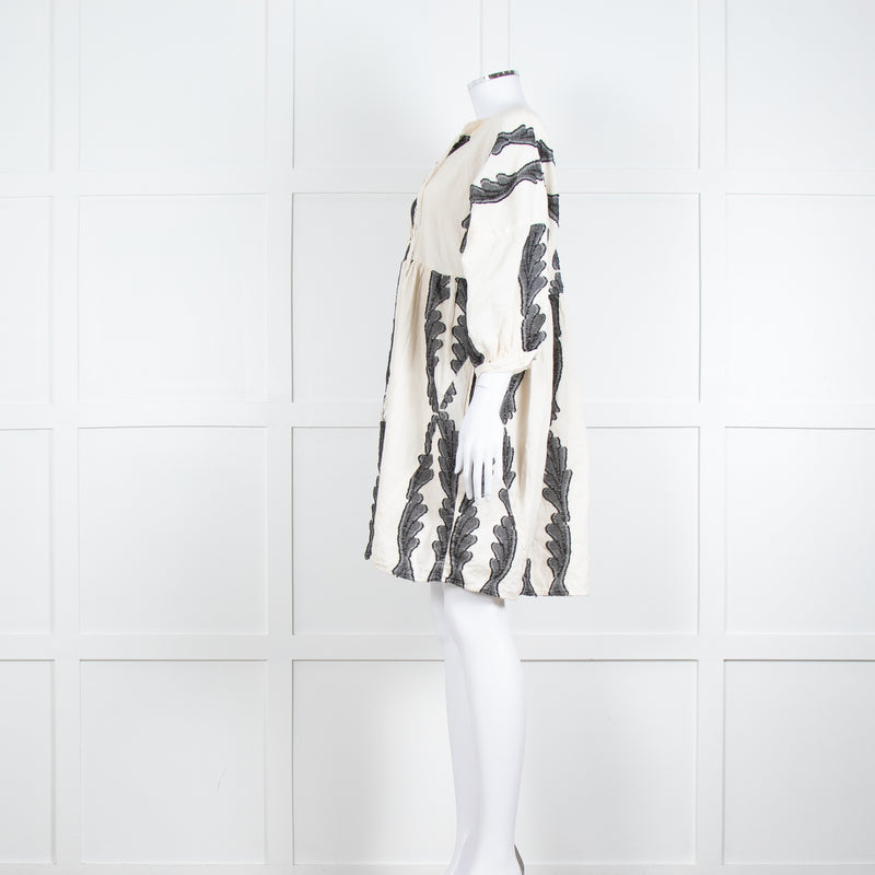 Pearl & Caviar Cream Black Cotton Long Sleeve Short Dress