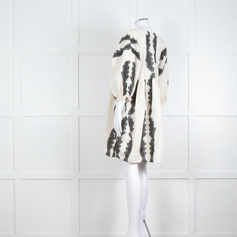 Pearl & Caviar Cream Black Cotton Long Sleeve Short Dress