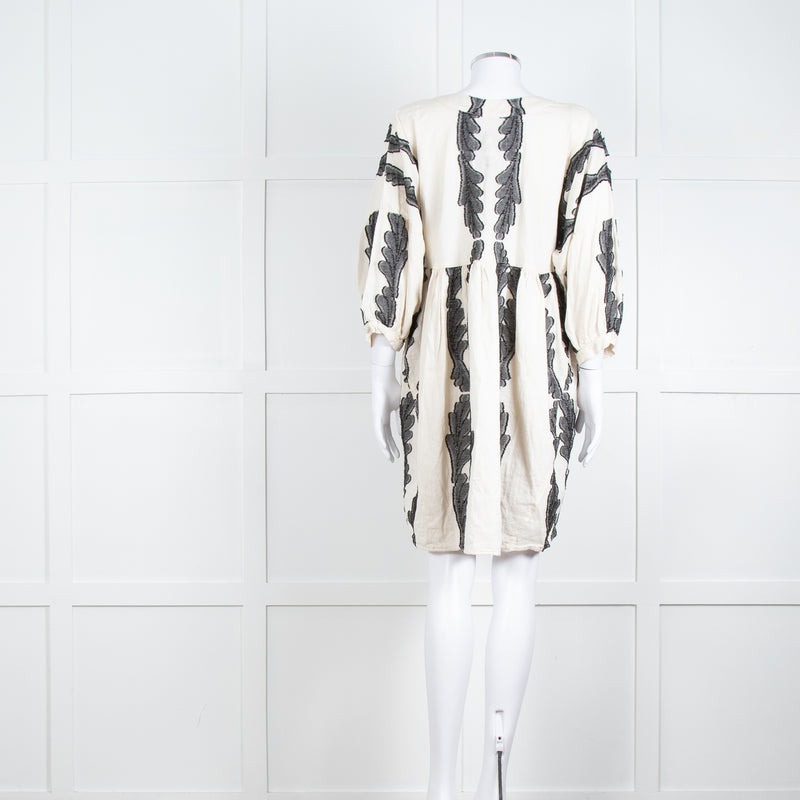 Pearl & Caviar Cream Black Cotton Long Sleeve Short Dress