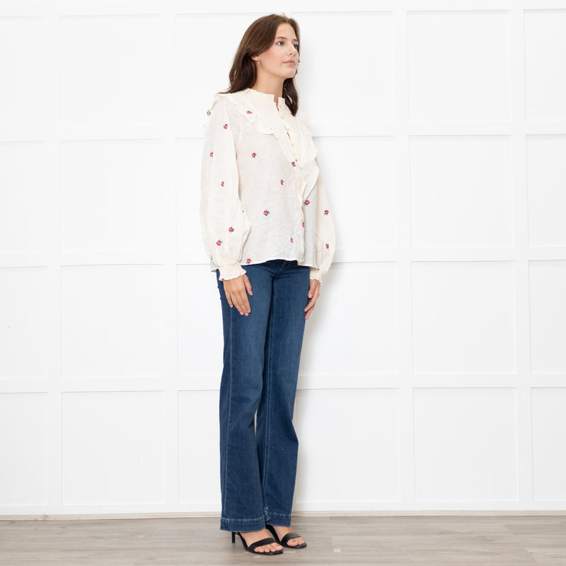 Atelier Reve Cream Olivia Shirt With Red Floral Embroidery
