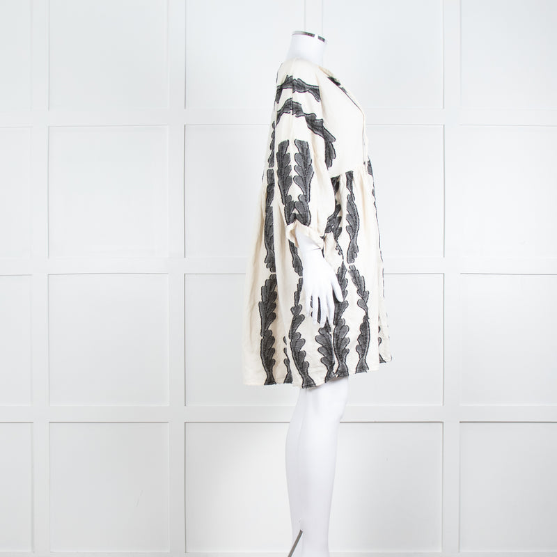 Pearl & Caviar Cream Black Cotton Long Sleeve Short Dress