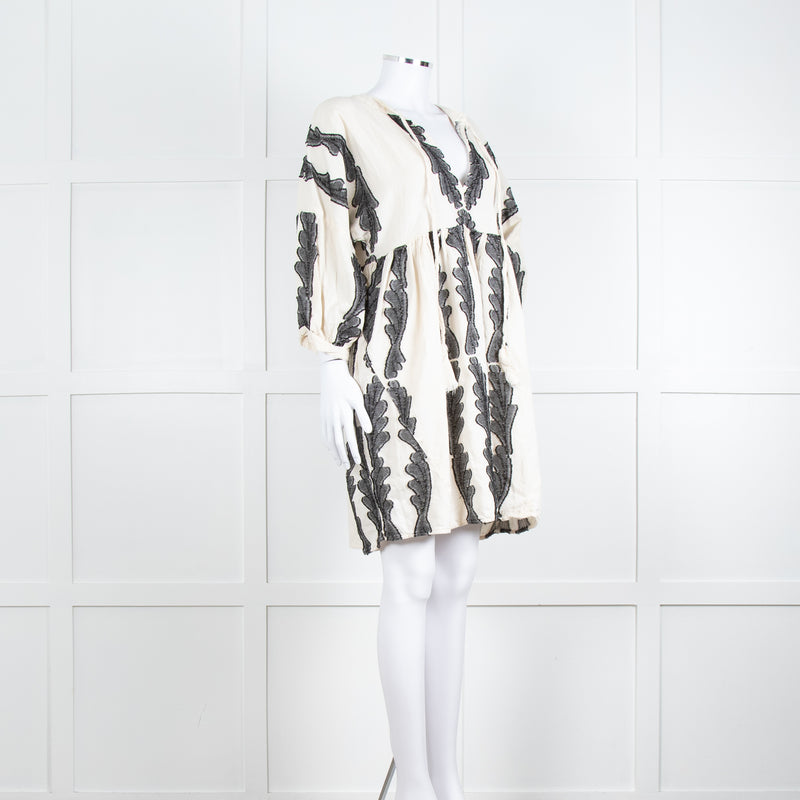 Pearl & Caviar Cream Black Cotton Long Sleeve Short Dress