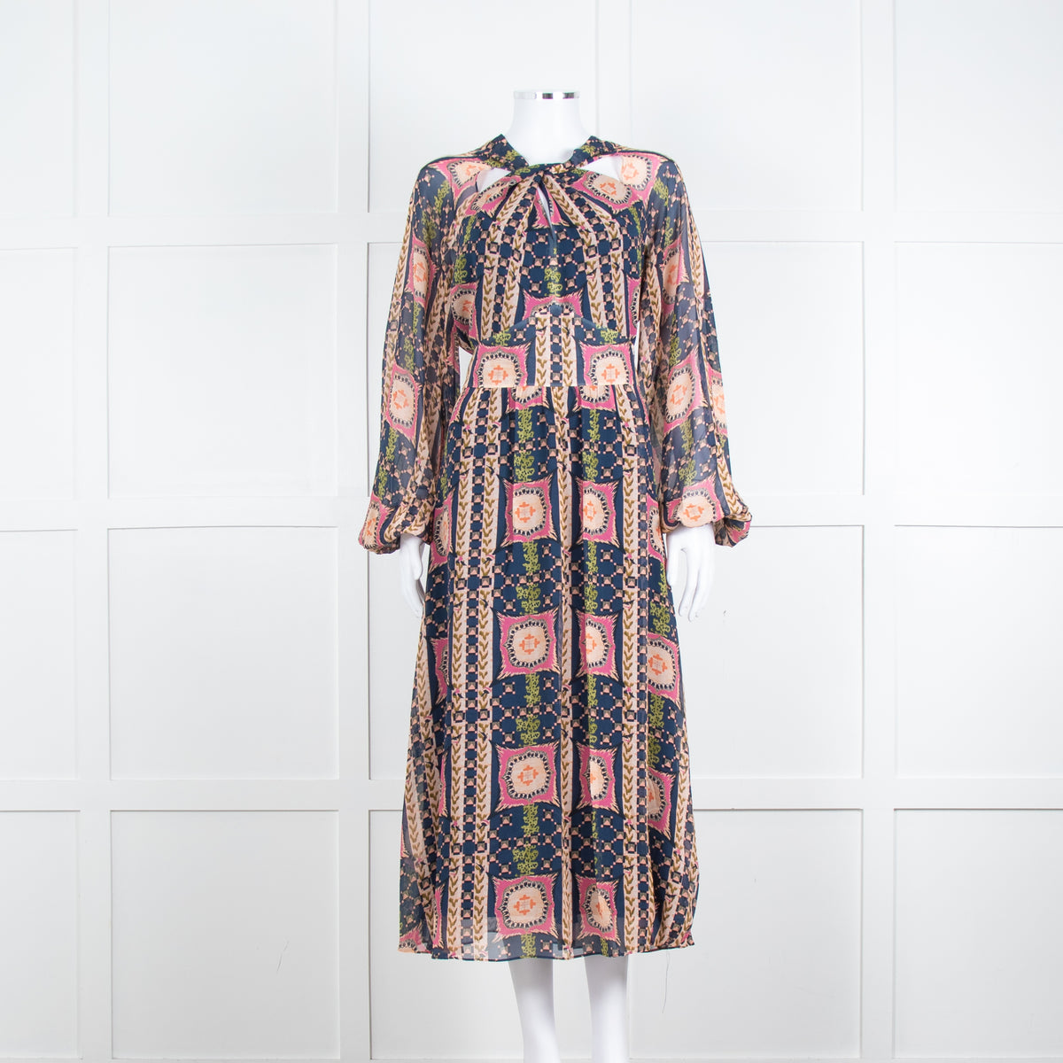 Temperley Pink Blue Silk Long Sleeve Midi Dress