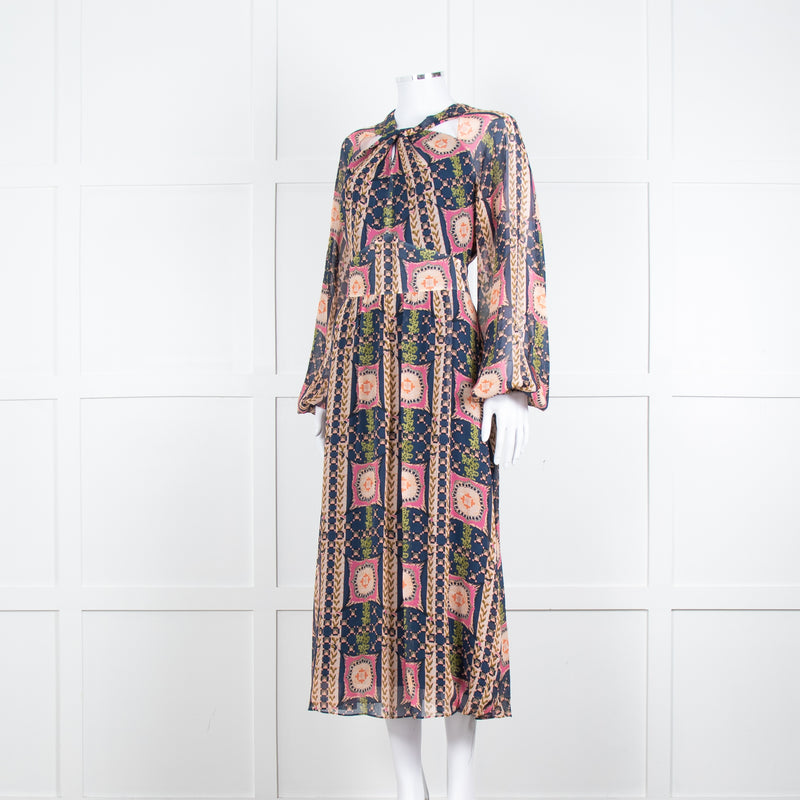 Temperley Pink Blue Silk Long Sleeve Midi Dress