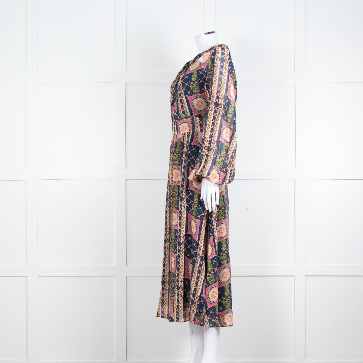 Temperley Pink Blue Silk Long Sleeve Midi Dress