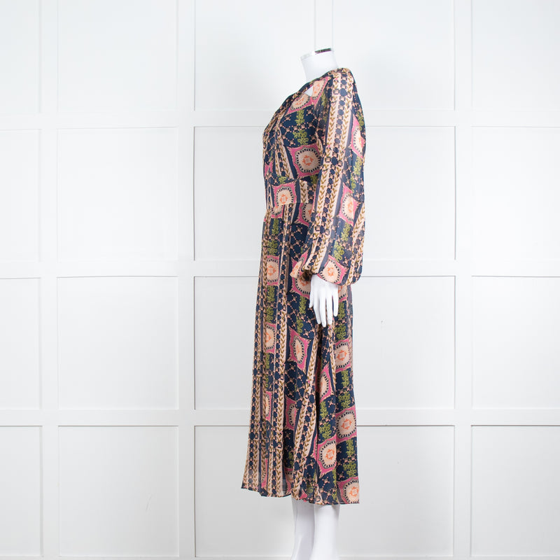 Temperley Pink Blue Silk Long Sleeve Midi Dress