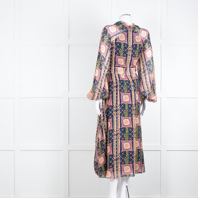 Temperley Pink Blue Silk Long Sleeve Midi Dress