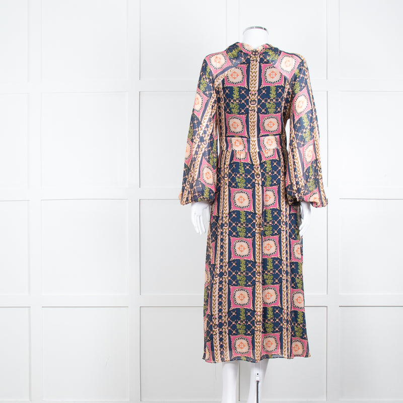 Temperley Pink Blue Silk Long Sleeve Midi Dress