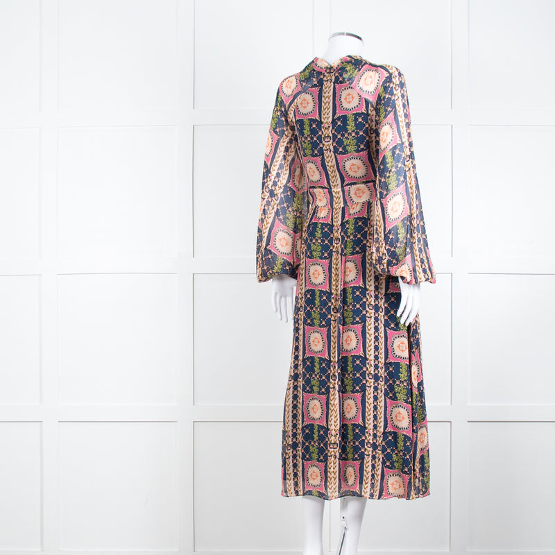 Temperley Pink Blue Silk Long Sleeve Midi Dress