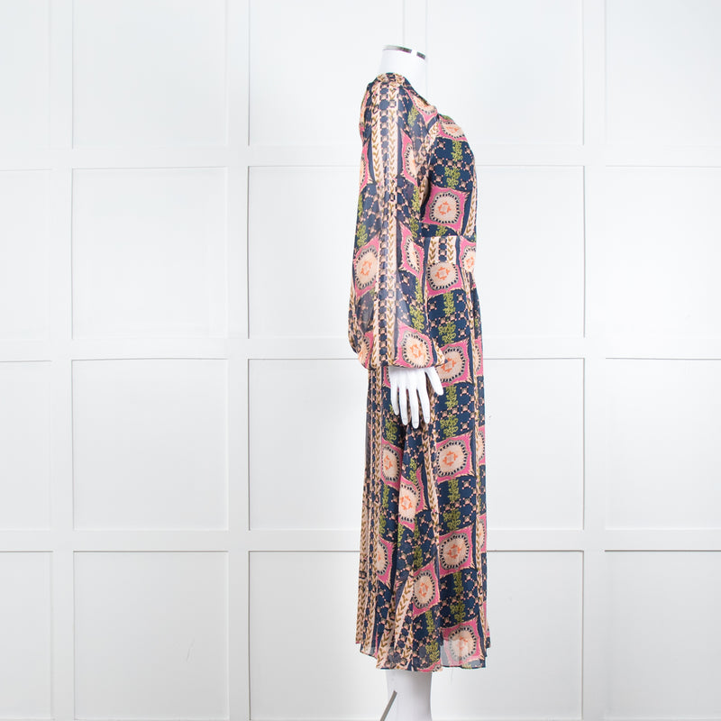 Temperley Pink Blue Silk Long Sleeve Midi Dress