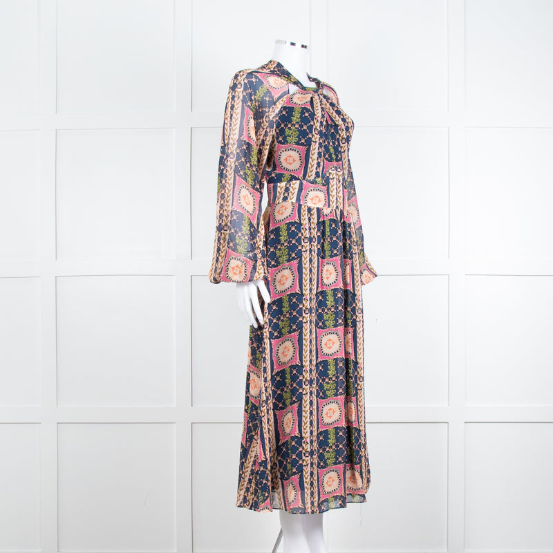 Temperley Pink Blue Silk Long Sleeve Midi Dress