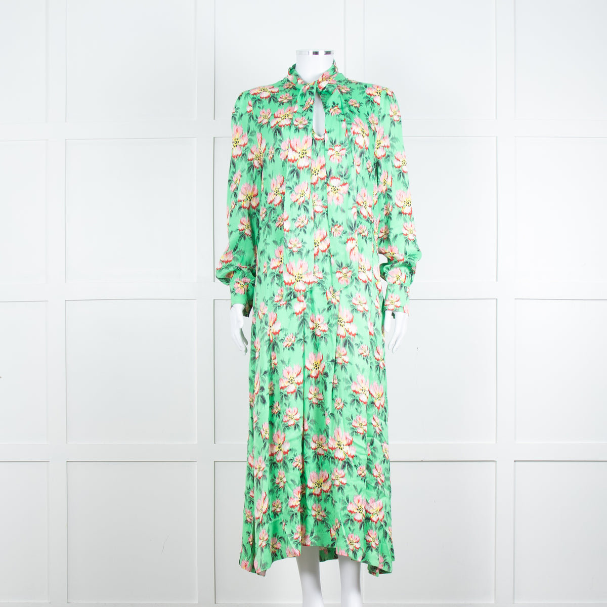 Custommade Green Pink Floral Neck Tie Midi Dress