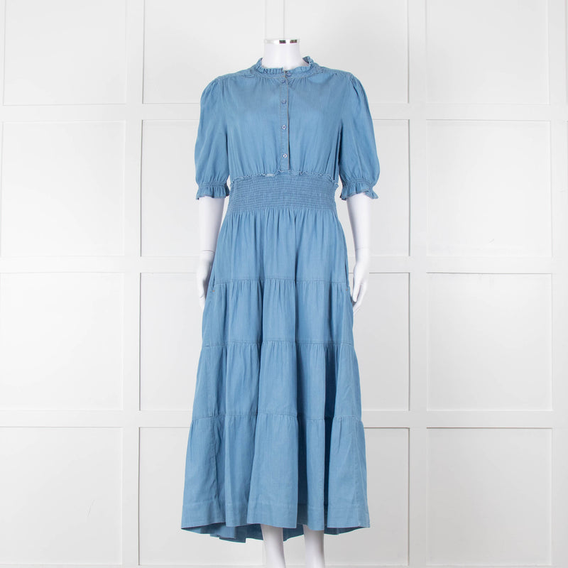 Me + Em Light Blue Tiered Short Sleeve Midi Dress