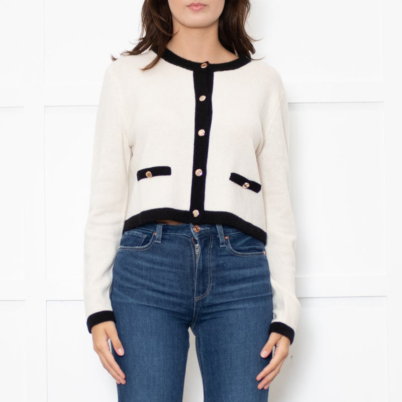 Reformation Becka Cashmere Cream Cardigan With Black Edging