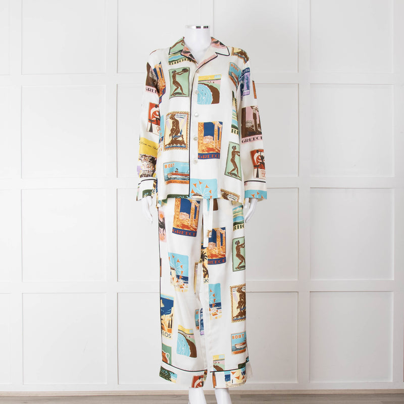 Olivia Von Halle Cream City Stamp Print Silk Pyjama Set