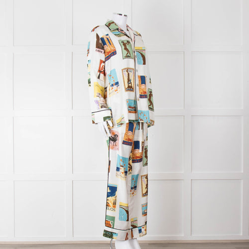Olivia Von Halle Cream City Stamp Print Silk Pyjama Set