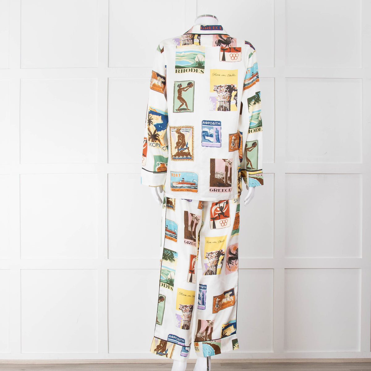 Olivia Von Halle Cream City Stamp Print Silk Pyjama Set
