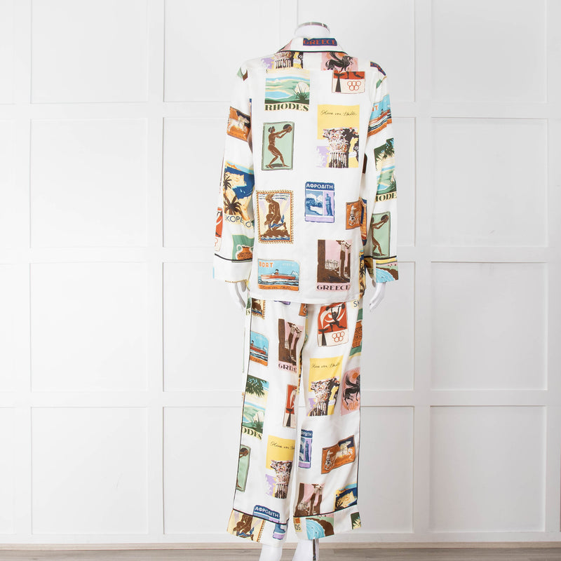 Olivia Von Halle Cream City Stamp Print Silk Pyjama Set